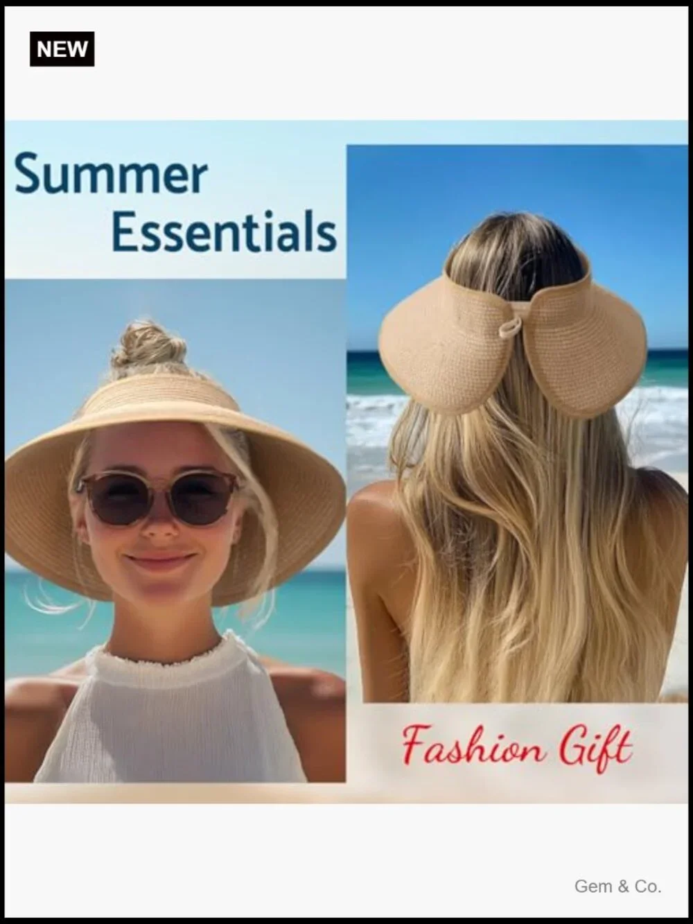 Wide Brim Sun Hat Roll-Up Beach Ponytail Visor Packable Travel